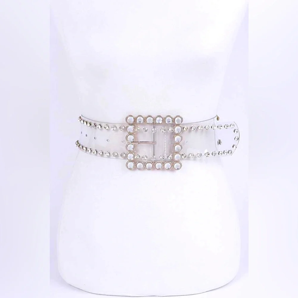 Plus Size Silver Pearl Embellished Clear Statement Belt